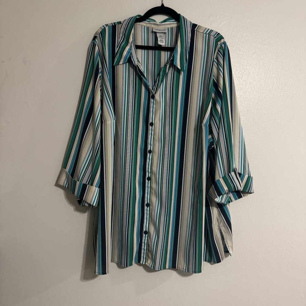 Catherines Button Up Tunic Womens Shirt Size 3X 3/4 Roll Tab Sleeves Stretch
